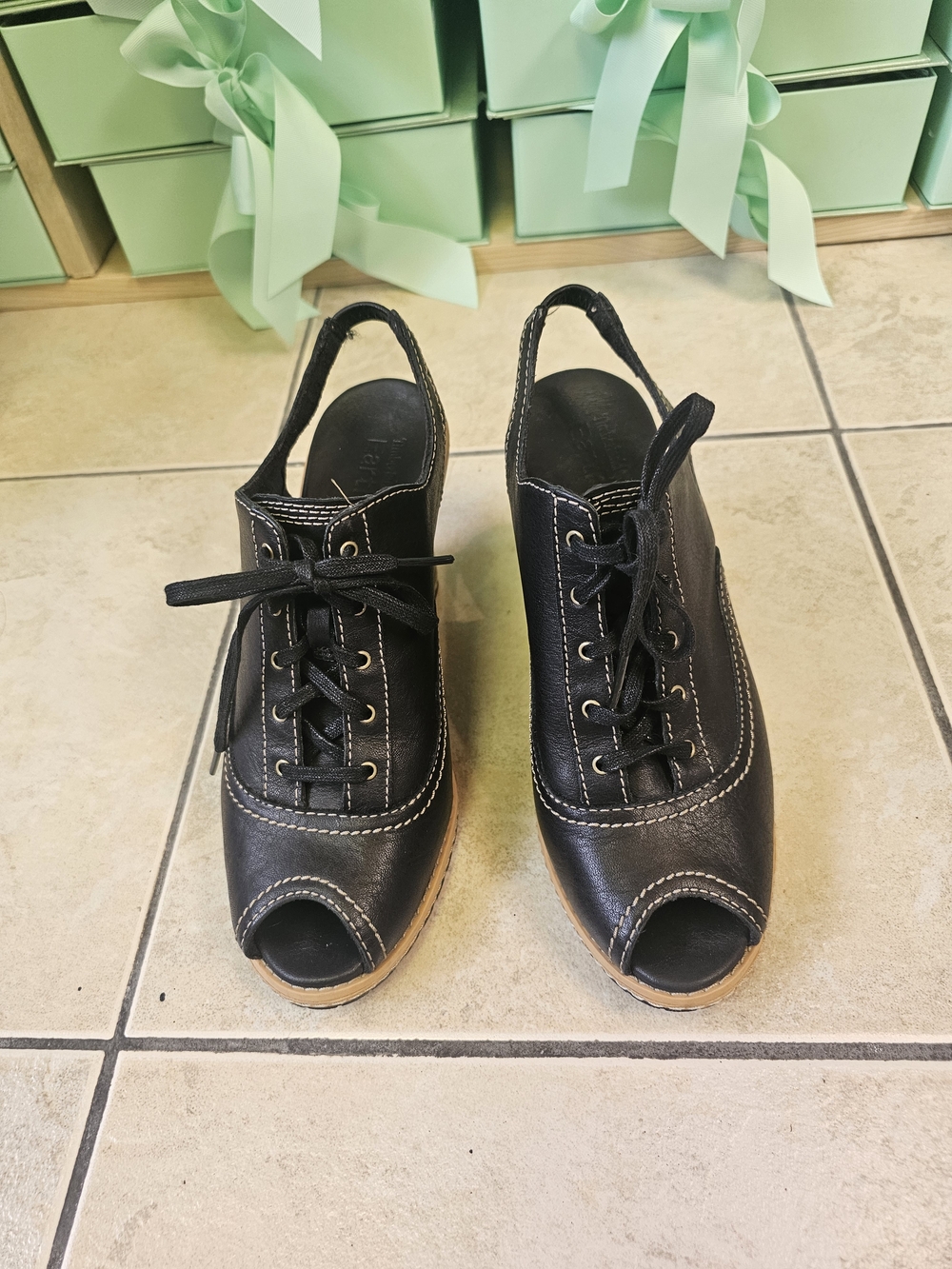 Timberland Black Peep-Toe Lace-Up Slingback Wedge Clogs